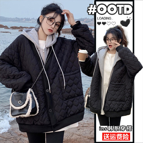 特大码女装胖mm假两件连帽棉服