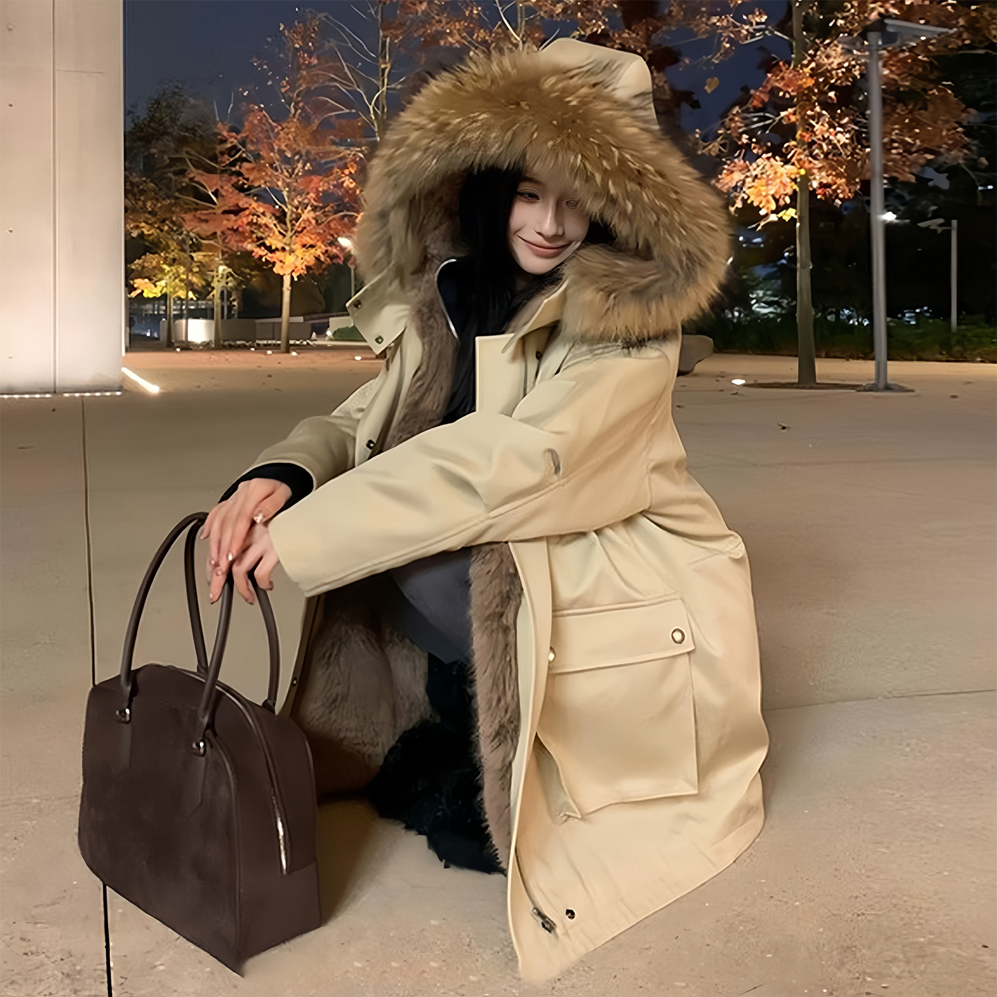 大码女装中长款毛领连帽派克棉服