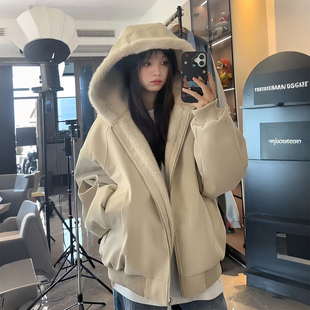 新款 特大码 连帽毛领棉服女冬季 胖mm美式 加厚保暖宽松棉衣外套 女装