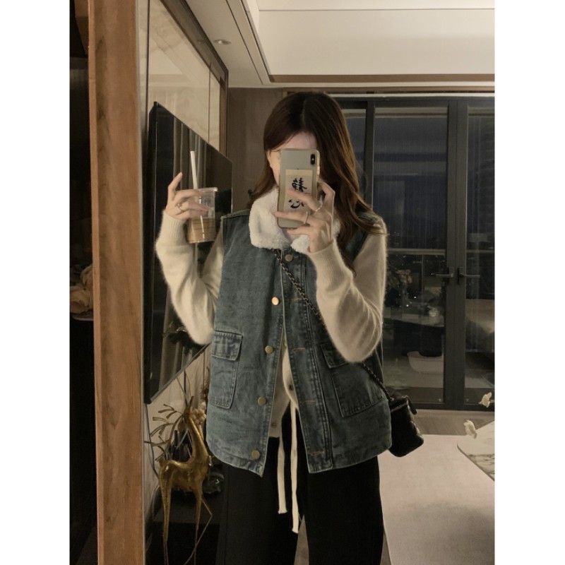 2-300斤胖mm大码复古加绒牛仔马甲女加肥加大冬季羊羔绒马夹外套