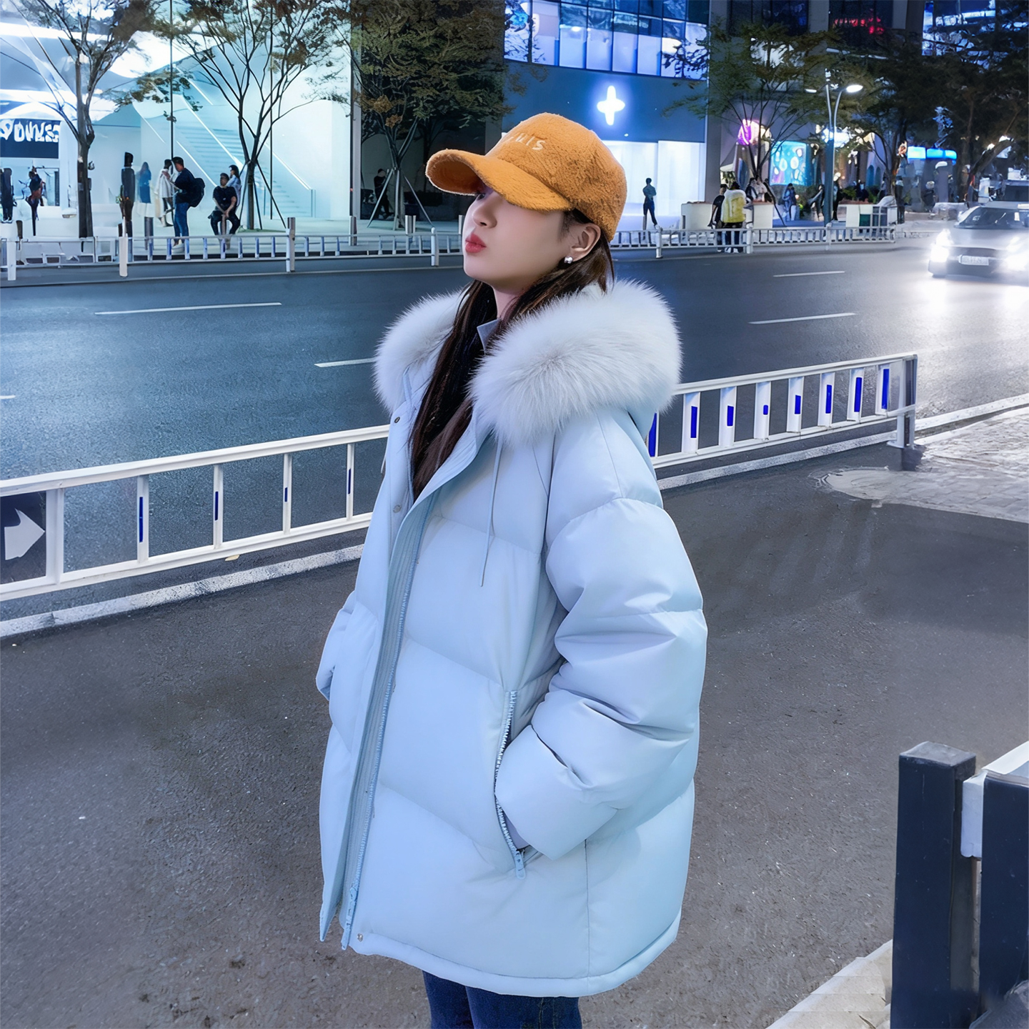 大码女装连帽毛领面包服棉衣外套