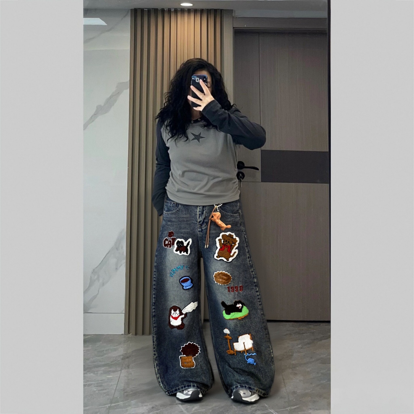 大码女装复古卡通毛巾绣阔腿裤