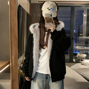 加厚保暖百搭夹克棉衣外套 胖mm毛领连帽棉服外套女冬季 特大码 女装