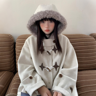 特大码女装胖mm韩系慵懒风连帽呢子大衣女宽松显瘦牛角扣毛领外套