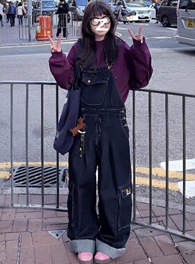 大码黑色工装牛仔阔腿背带裤