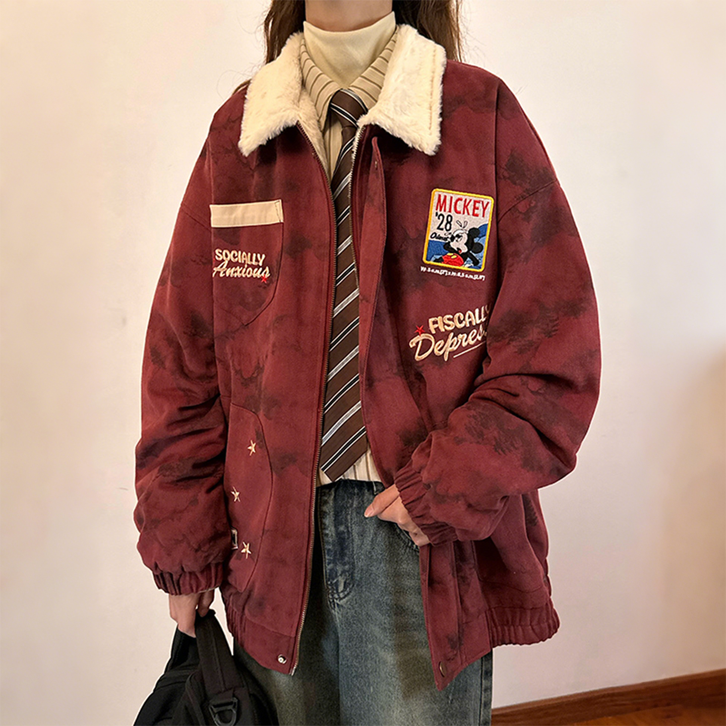 特大码女装复古风加绒翻领棉服