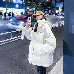 300斤大码 韩系学院风连帽棉服女加厚保暖棉衣外套白色面包服 女装