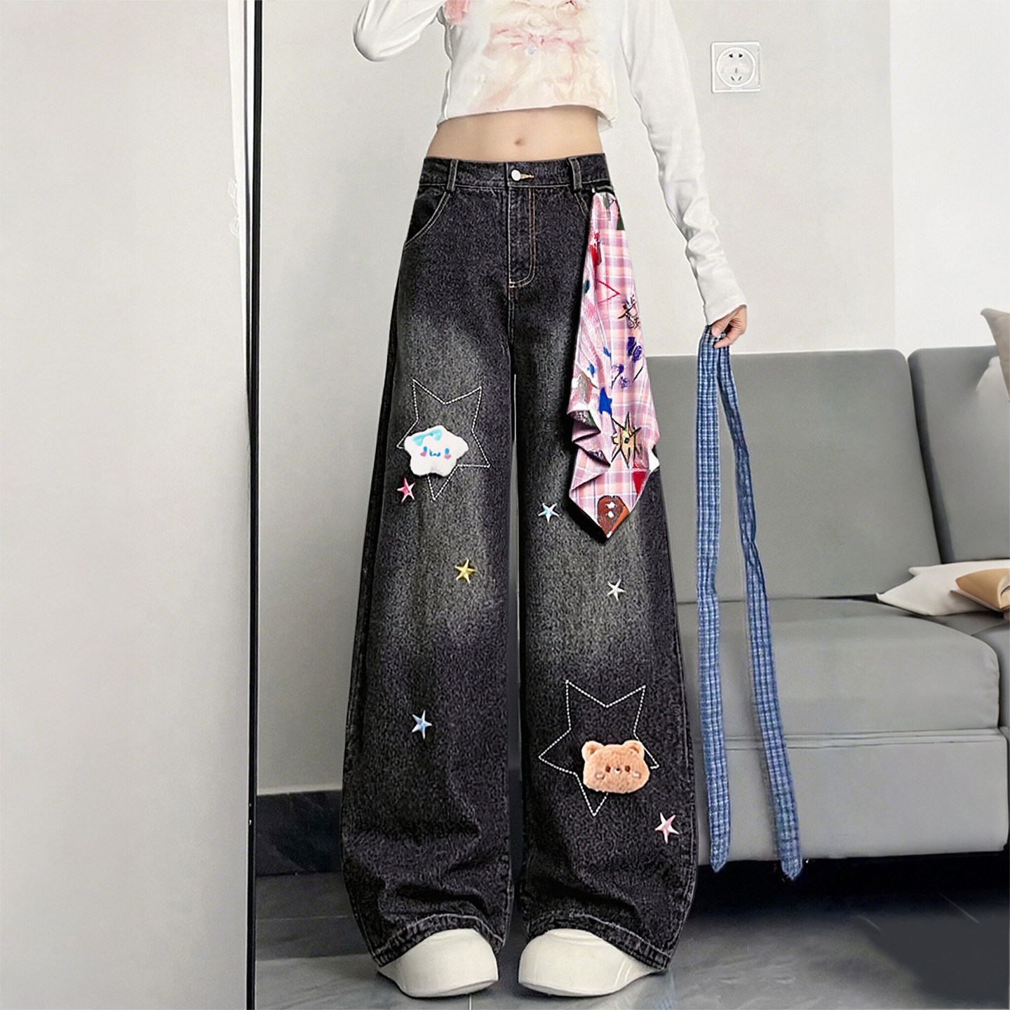 特大码女装胖mm时尚设计感小熊刺绣牛仔裤女高腰显瘦宽松阔腿长裤,女装/女士精品,大码裤装,淘宝优惠券,粉丝福利购,淘宝优惠卷