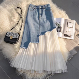 特大码 胖mm不规则牛仔网纱拼接半身裙女高腰显瘦遮胯a字长裙 女装