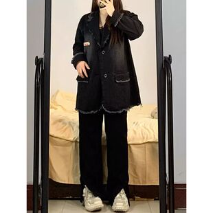300斤胖mm大码 显瘦宽松西装 女装 复古牛仔外套女秋季 领上衣 美式