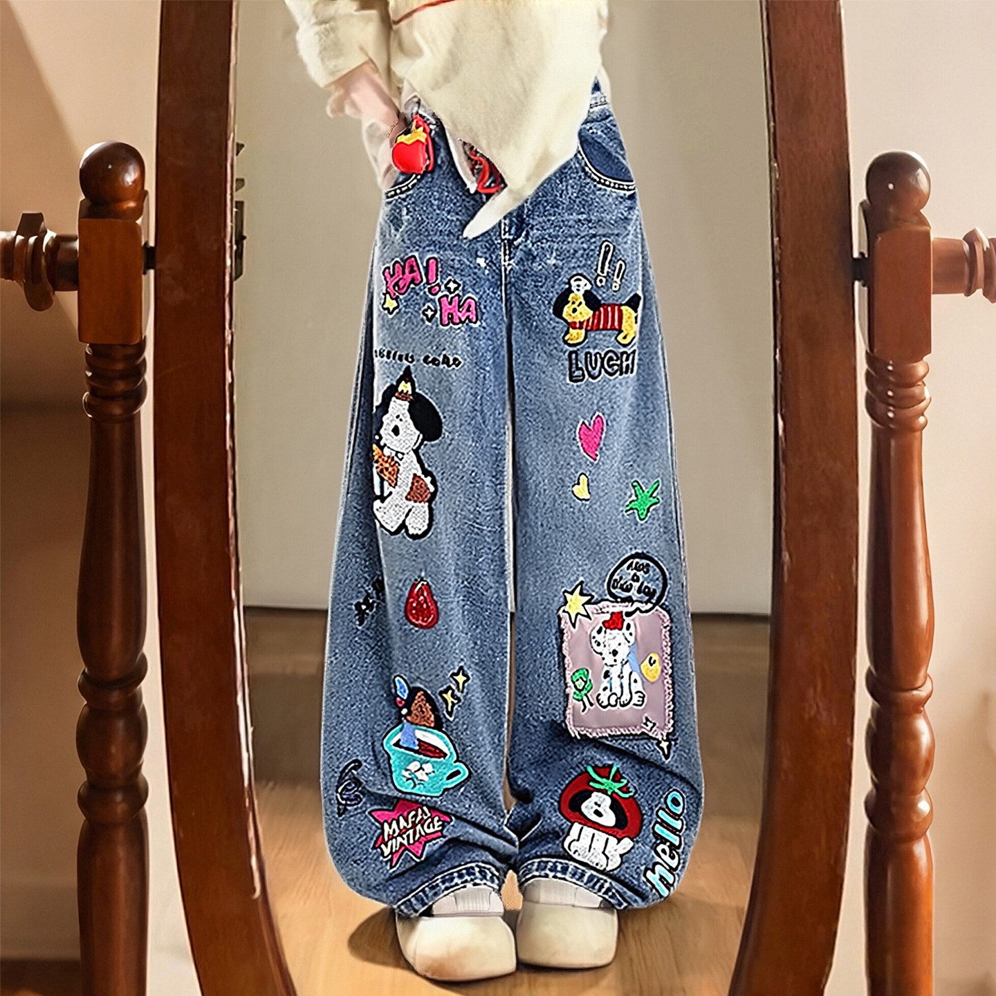 300斤胖mm大码女装美式卡通风刺绣牛仔裤女高腰显瘦阔腿直筒裤潮,女装/女士精品,大码裤装,淘宝优惠券,粉丝福利购,淘宝优惠卷