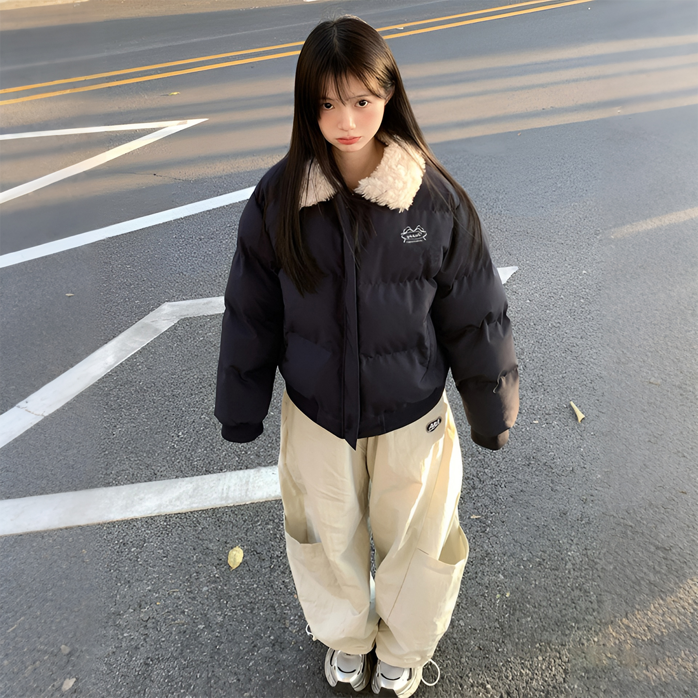 特大码女羊羔毛领显瘦加厚棉服