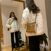 特大码 女装 胖mm韩系设计感菱格棉服女宽松立领加厚保暖棉衣外套潮