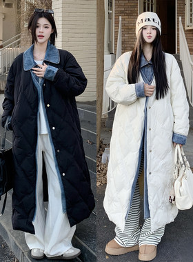 特大码女假两件牛仔拼接显瘦棉服