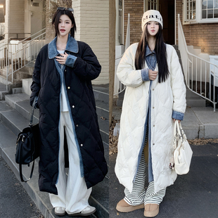 棉服女高腰显瘦保暖棉衣外套 胖mm假两件牛仔拼接中长款 特大码 女装