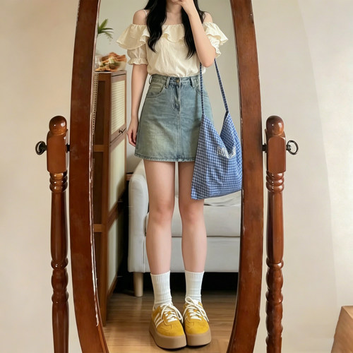 大码女装百搭高腰A字牛仔短裙