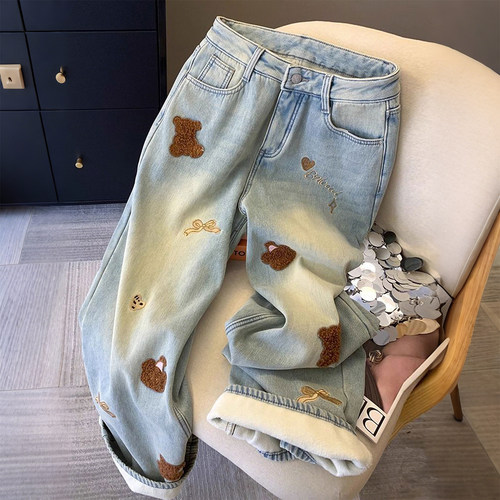 大码高腰显瘦加绒小熊刺绣牛仔裤