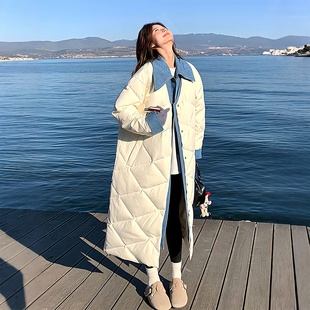 棉衣外套潮 加厚保暖长款 300斤胖mm大码 设计感牛仔拼接棉服女冬季