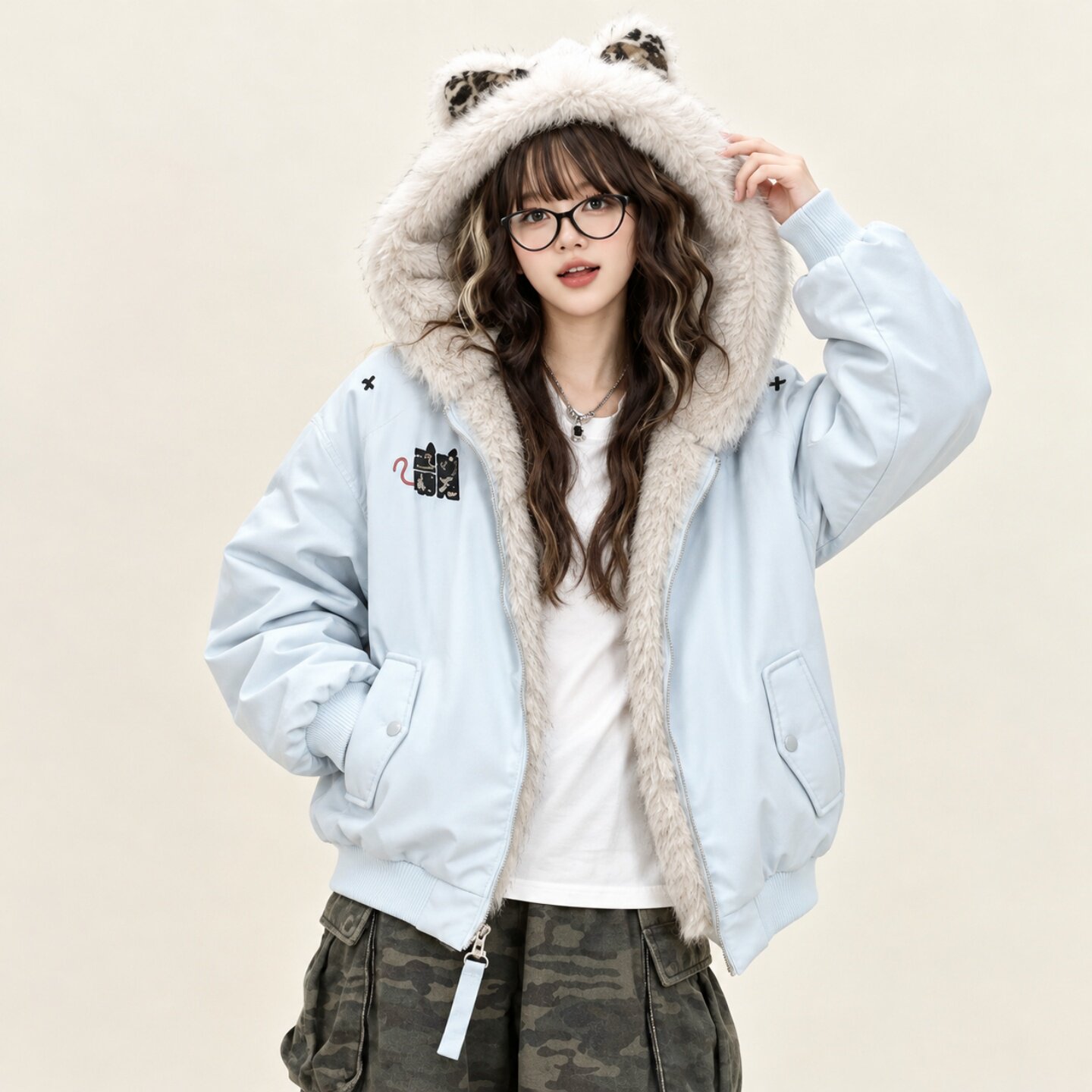 特大码女装美式复古连帽毛领棉服女冬季胖mm加厚保暖撞色棉衣外套