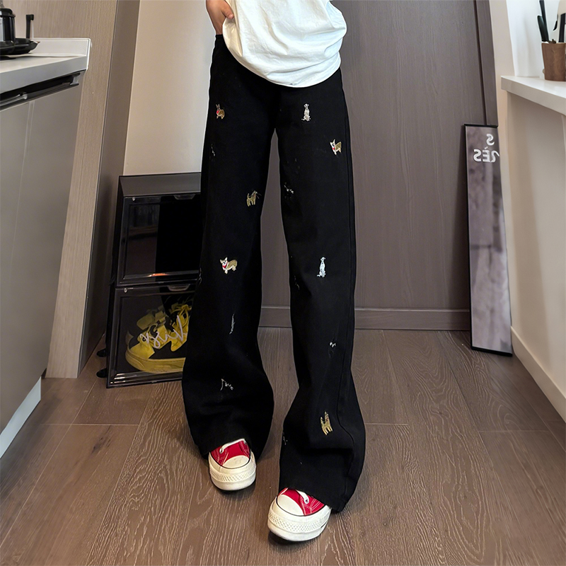 胖mm美式复古趣味小狗刺绣牛仔裤