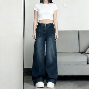 女高腰显瘦阔腿裤 300斤胖mm大码 大口袋直筒牛仔裤 复古韩版 潮 女装