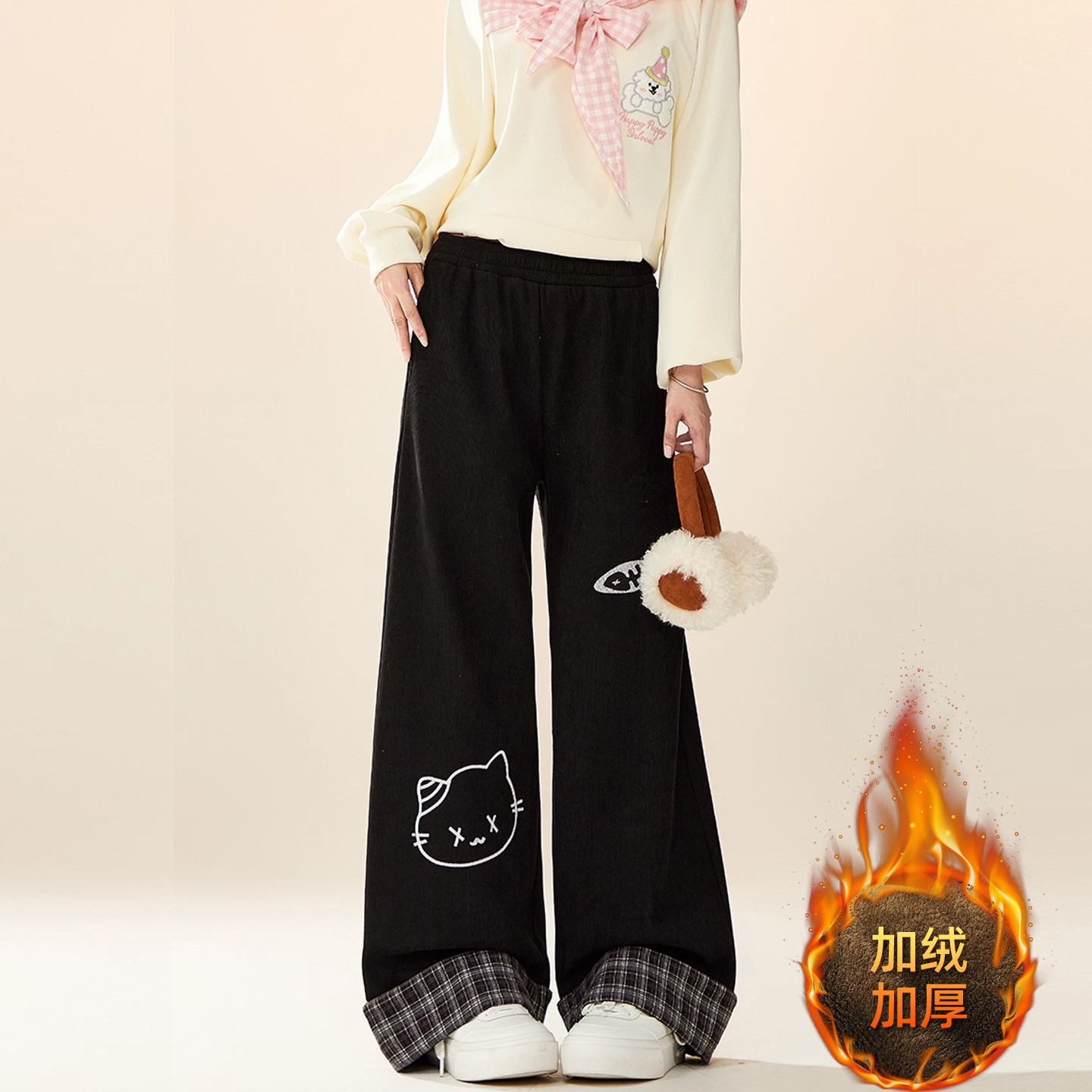 大码女装卡通风设计感黑色直筒裤