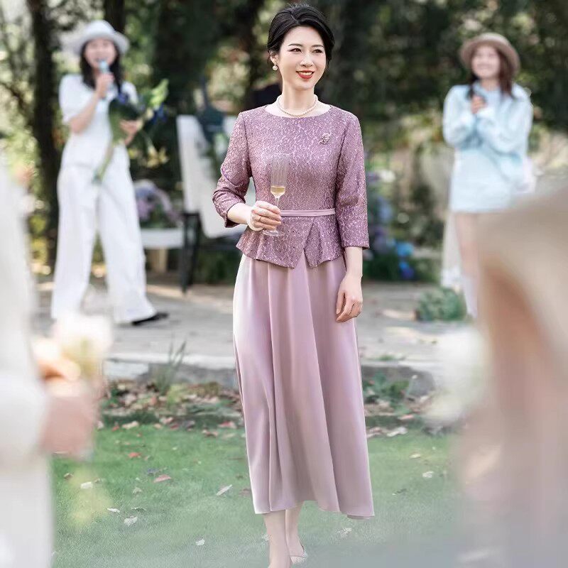 年轻妈妈婚宴礼服裙喜婆婆高端轻奢气质高级感大气显瘦紫色连衣裙