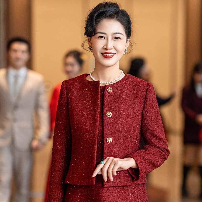 秋冬季喜妈妈结婚宴礼服喜婆婆红色小香风套装裙轻奢高级感