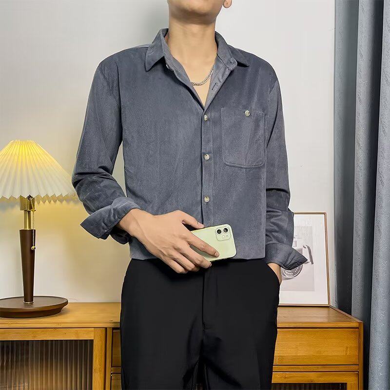 日系复古灯芯绒衬衫男春秋季阿美咔叽弹力条绒小立领休闲衬衣外套