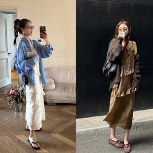 iiiipupu26SS 重工的长飘带春夏浪漫荷叶边细肩带连衣裙轻松显瘦