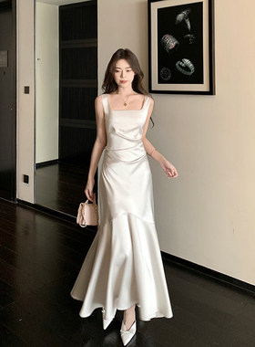 但你butyou白色缎面吊带连衣裙女夏季鱼尾长款订婚聚会宴会小礼服