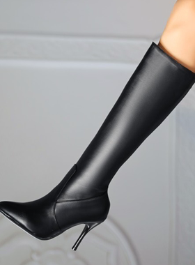 白色长靴女不过膝尖头细跟中筒靴反串超大码高跟靴子40-43 444546