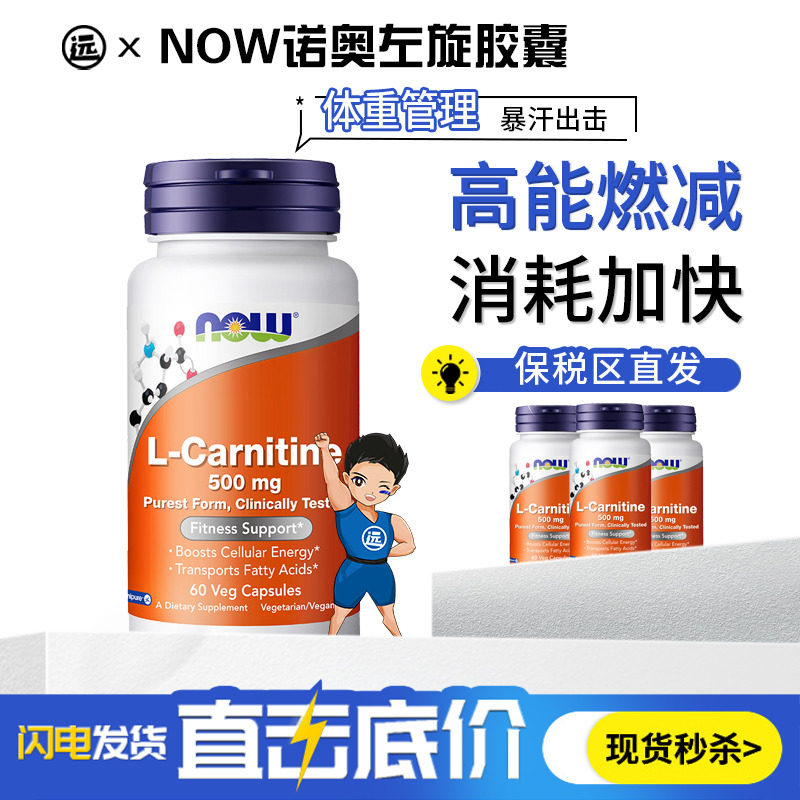 NOW Foods诺奥进口加强型左旋肉碱胶囊500mg高含量60粒运动减脂