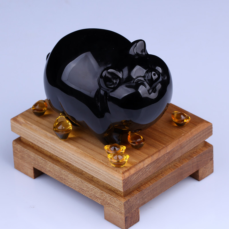 天然黑曜石原石雕刻件猪摆件富足