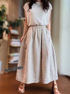JM高品质纯亚麻半身裙女高腰显瘦A字裙松紧腰百搭中长款休闲裙