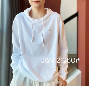 JM春季新款冰棉连帽抽绳女士t恤打底衫长袖宽松韩版百搭纯