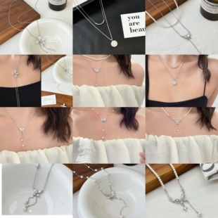 輕奢高級感韓版 休閑蝴蝶珍珠項鏈女 氣質(zhì)時尚 麗銀飾品麗貝麗影新款