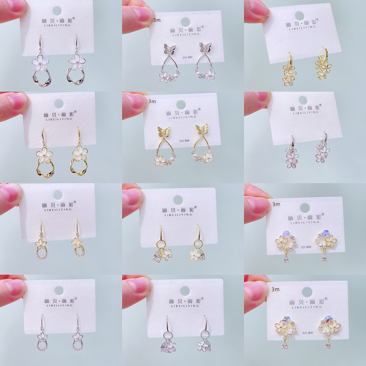 丽贝丽影丽银耳环精致琉璃花彩色锆石耳钉时尚ins风百搭耳饰女A