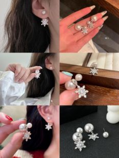丽系法式精致高级感两戴式珍珠雪花银针耳钉冬日的氛围感先从雪花