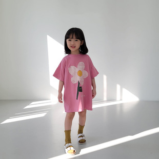 现货奶爸童装夏装2025女童韩版可爱花朵短袖T恤裙休闲宽松连衣裙