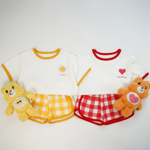 现货韩国童装 2026夏新品 儿童卡通彩虹熊短袖套装宝宝格子兄妹装