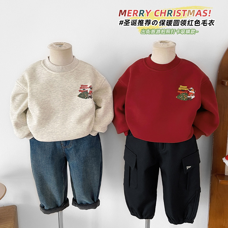 韩国童装25冬季新款童装儿童圣诞树加绒卫衣男童可爱加厚节日上衣