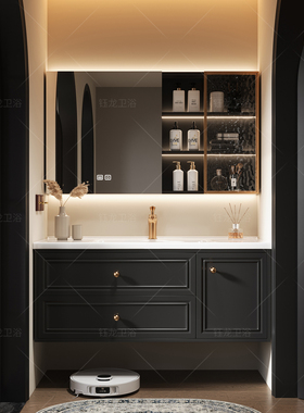 法式复古橡木浴室柜陶瓷一体盆2026新款轻奢黑色卫生间洗漱台定制