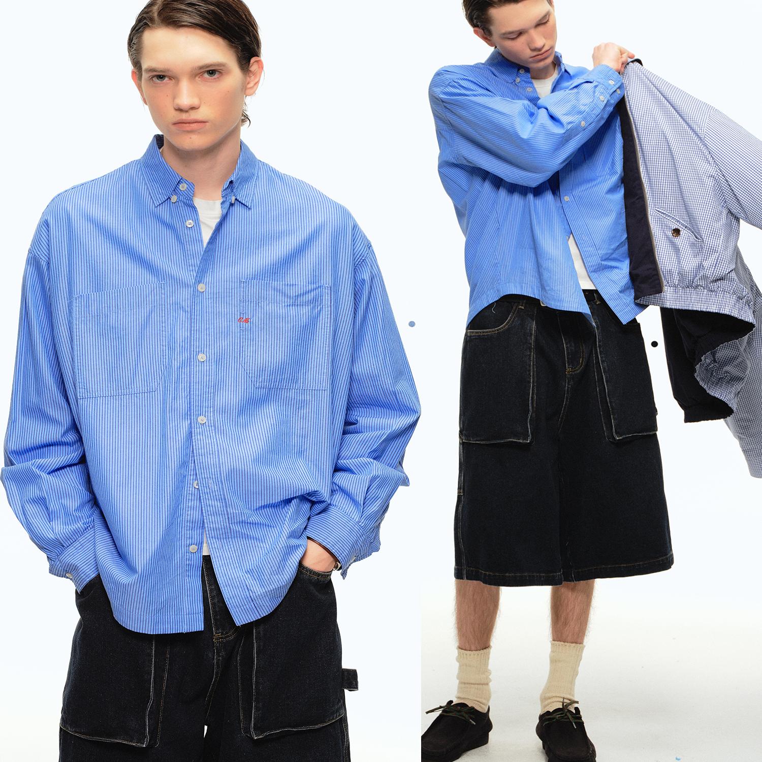 CountryMoment 25SS百搭基础款复古成衣洗水刺绣条纹长袖衬衫男女