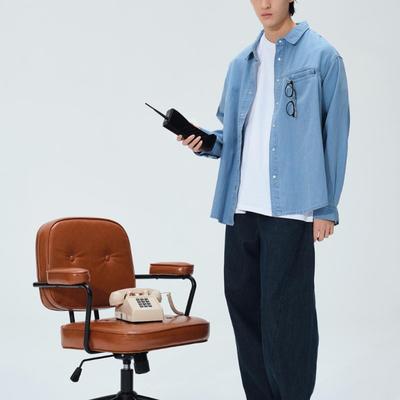 LIVINGTOWN 复古翻领口袋长袖牛仔衬衣独特洗水炒盐纯色衬衫外套