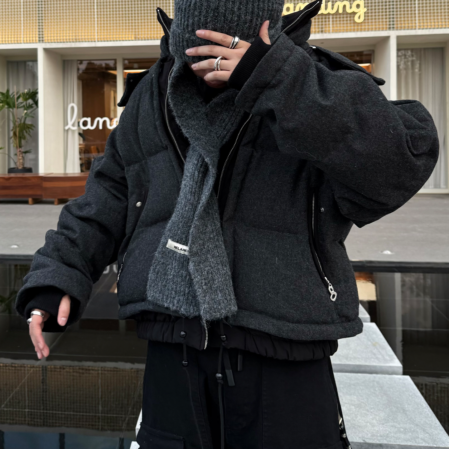 RELABEL 互动“层峦”多层分割进口澳羊毛质感拼接可拆帽羽绒服