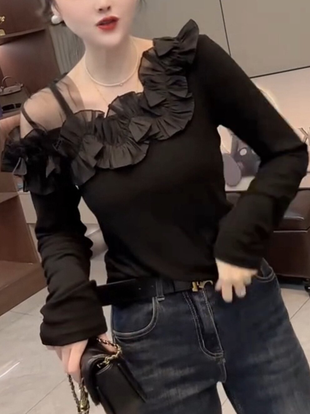 气质不规则洋气长袖上衣女秋季设计洋气百搭显瘦遮肚子女人味小衫