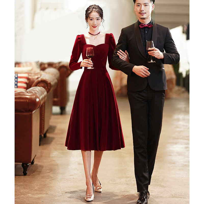  From pearl, long, burgundy, long sleeve, mid-length+M -Note: If the dress is small, please consult the customer service first   + $5.02 