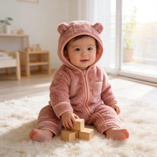婴儿连体衣秋冬款小熊连帽爬服宝宝毛绒哈衣保暖外出服可爱萌