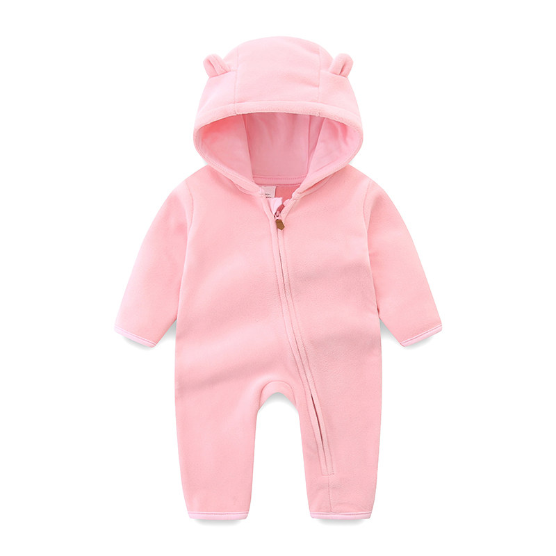 婴儿连帽连身衣粉色拉链柔软爬服可爱女宝宝哈衣新生儿带帽连体衣